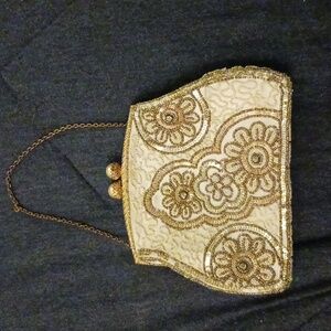 1930s French Evening Bag Purse | Cream Silk Gold Beads Beaded Embellished
